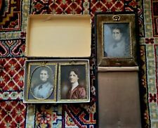 Lot Of 3 Antique Photographic Portrait On Tile Framed Leather RARE 1800's picture