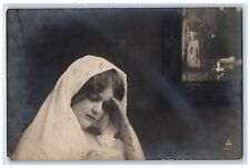 1906 Pretty Woman Sad White Scarf Latvia Russia RPPC Photo Antique Postcard picture