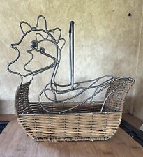 Vintage Egg Basket Chicken Hen Rooster Metal & Wicker French Country Farmhouse picture