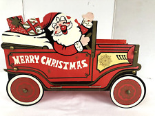 Vintage Merry Christmas Cardboard Card Decor Holder Die-Cut Santa Car Roadster picture