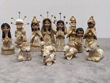 Vintage Mexican 13Pcs Nativity Set Hand-painted Gold White Folk Art Pottery picture