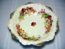 ANTIQUE 10” SERVING BOWL – PINK, RED FLOWERS, SCALLOPED EDGE picture