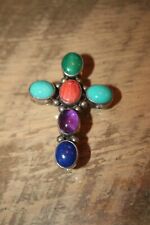 Vintage Native American Indian Navajo Nakai Sterling Silver 6 Gem Stone Brooch picture
