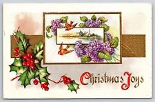 Christmas Joys~Birds & Purple Flowers In Frame W/ Holly~PM 1910~Emb~Vtg Postcard picture