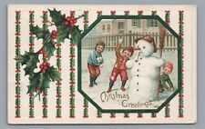 Christmas Greetings Snowball Fight SNOWMAN Vintage Postcard picture