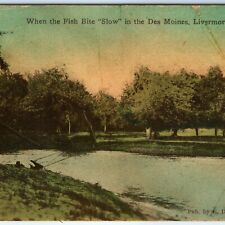 c1910s Livermore, IA Fishing Poles in Des Moines River Litho Photo Postcard A25 picture