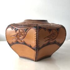 Vintage Southwestern Tolled Leather Brown Vessel Vase Handmade picture