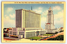 Linen Postcard CA Los Angeles Federal Building, Post Office, City Hall picture