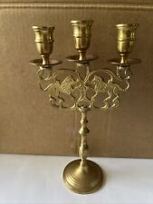 Vintage Genuine Brass Triple Candelabra, 11.5”Tall. Etch Carvings Lions Of Judah picture