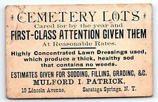 c1890 CEMETARY LOTS SARATOGA SPRINGS NY MULFORD I PATRICK AD TRADE CARD P828 picture