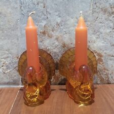 Vintage Amber Glass Turkey Candle Holder Orange Candles Thanksgiving Decor Set o picture