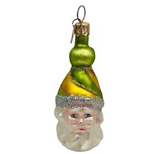Dept 56 VTG Santa Head Pixie Elf Green Mercury Glass Christmas Ornament Glitter picture