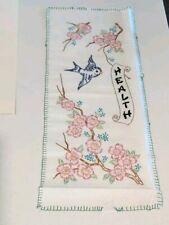 Vintage Hand Embroidered Table Runner Blue Bird Flowers Health Estate Sale picture