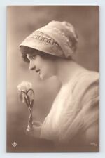 Woman in Pretty Lace Bonnet Head Covering in Profile with Flower RPPC Unposted picture