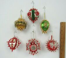 SET OF 6 VTG 1960s 70s HAND MADE CHRISTMAS TREE ORNAMENTS BEADS SOUTACHE RIBBONS picture