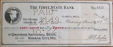 Clarita, OK 1919 Check, First State Bank to Drovers National Bank, Cow Vignette picture
