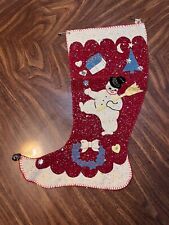 Vtg 60s Red Felt Snowman Christmas Stocking Handmade picture