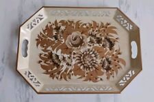 Vintage Cream & Gold Metal Floral Large Serving Tray Cottagecore Shabby Chic  picture
