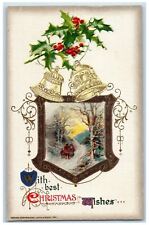 1911 Christmas Holly Bells Winter People Walking John Winsch Embossed Postcard picture