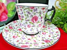 Royal Chelsea Tea cup and saucer pink rose chintz purple ribbon pattern teacup  picture