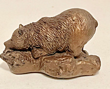 Woodlands Grizzly Bear By River Rock Eating Fish Bronze Electroplated Figurine picture