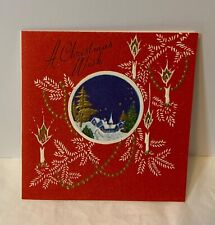 VTG 1947 Embossed Rust Craft Christmas Card Tiny Winter Scene Gold White Candles picture
