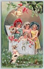 1909 AFFECTIONS OFFERING GIRLS IN TRUNK DOG HORSESHOE EMBOSSED SILVER POSTCARD picture