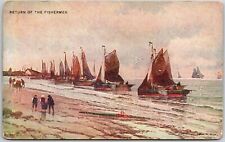 1909 Return Of The Fisherman Fishing Boats Signed Antique Posted Postcard picture