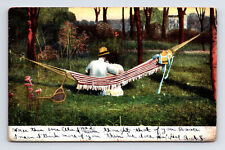 c1906 Victorian Romance Couple On Hammock After Tennis UDB Postcard picture