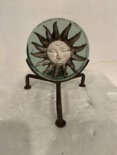 Vntg Antique Wrought Iron And Glass Block Sun Man Candle Holder RARE See Photos picture
