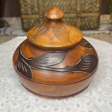 Vintage Hand-Carved Round Wooden Turned Trinket Box With Lid picture