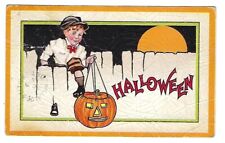 Early 1900's Halloween Postcard Young Boy Climbing Fence, JOL picture