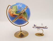 New French Limoges Trinket Box Moving Pacific Blue World Globe Remov. Airplane picture