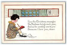 1919 Christmas Girl Writing Letter Messages Embossed Posted Antique Postcard picture