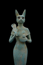 RARE ANTIQUE ANCIENT EGYPTIAN Statue Goddess Bastet Cat Holding Ankh Heavy Stone picture