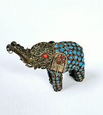 Vintage Chinese brass Filigree Figurine Elephant Corall and Turquoise picture