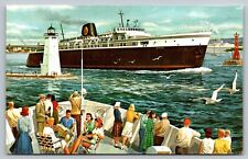 Postcard Painting Chessie Lines Passengers Autos Ship on Lake Michigan c1950 A21 picture