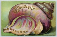 Critter Left This Seashell Behind~Souvenir~Gold Four Leaf Clovers~Embossed c1910 picture