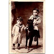 Vintage Postcard RPPC Toddler Serious Adorable Boys, Toy Horse Azo 1900s Photo picture