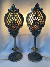 Pair French Antique Victorian Boudoir Mantel Lamps Ornate Filigree Cast Metal picture