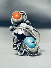 IMPRESSIVE VINTAGE NAVAJO TURQUOISE & CORAL STERLING SILVER RING picture
