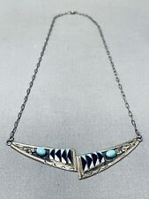 IMPRESSIVE NAVAJO BLUE GEM TURQUOISE JET INLAY STERLING SILVER NECKLACE picture