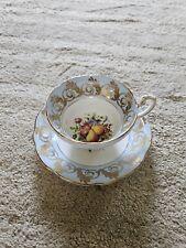 E B Foley Bone China Tea Cup Saucer Light Blue Flowers Fruit Gold Trim picture