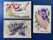 3 Unique Novelty Cloth Birthday Antique Postcards. HVY EMB.Gold Trim. w Value  picture
