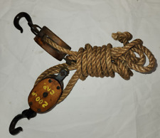 Vintage oak wood block & tackle double/single pulley hook rope system farmhouse picture