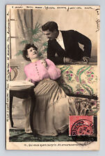 c1905 RPPC French Romance Man Woman Love Gaze Romance UDB Hand Colored Postcard picture
