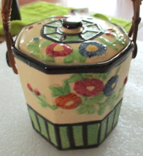 Vintage Japan Cookie Biscuit Ceramic Lidded Jar With  Rattan Handle picture