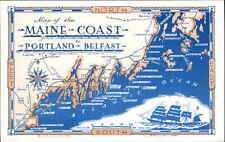 Maine Coast Map Portland to Belfast Midcoast Vintage Postcard picture