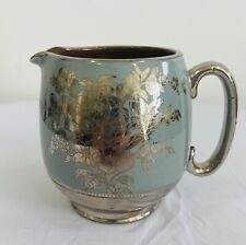 Sadler English Milk Pitcher 1940s Dusty Wedgwood Blue Pottery Silver Overlay 5” picture