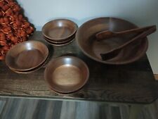 Lot Of Vintage Kustom Kraft Black Walnut Wood 1 Serving Bowl,7 Salad Bowls,Tongs picture